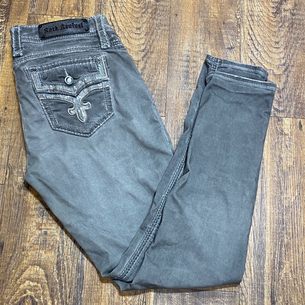 Rock Revival Delisa size 31 Charcoal Skinny Jeans bling stretch cowgirl biker